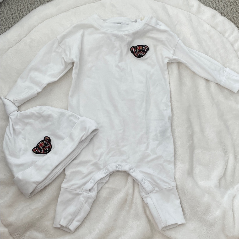 Burberry White Baby Onesie with Hat